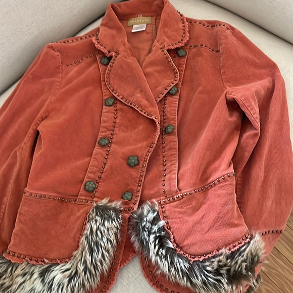 Corduroy jacket. Fur cuffs. pumpkin color with brass studs & buttons. So unique! - Picture 7 of 10